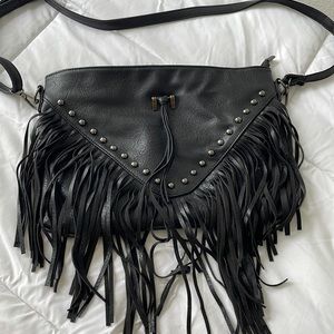 Black faux leather fringe crossbody bag
